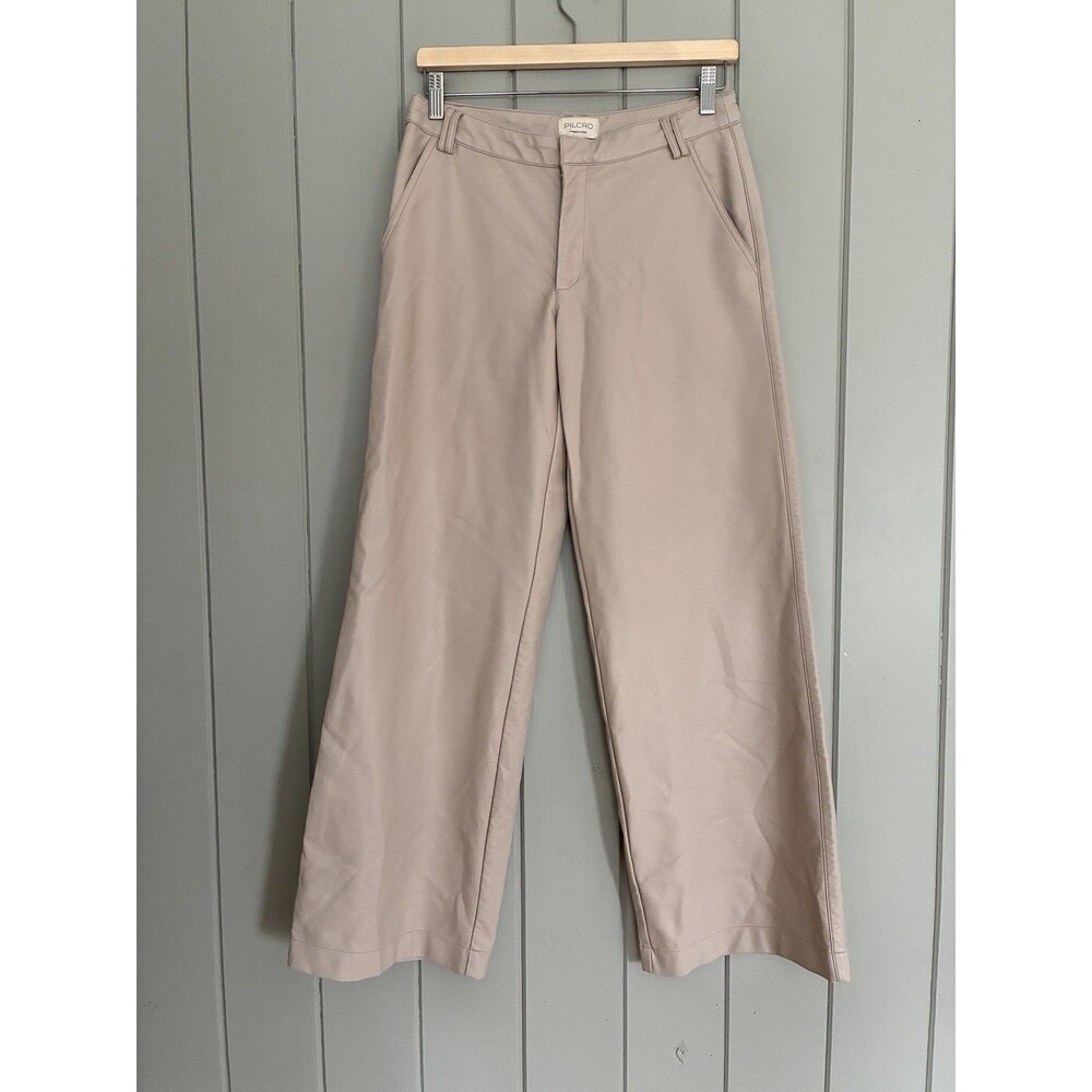 Pilcro Anthropologie Pants 27 Low-Rise Faux Leather Wide Leg Bone Beige Stretch